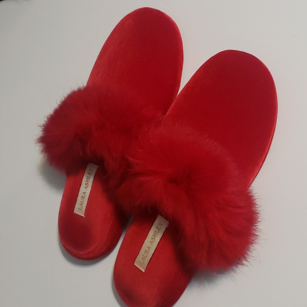 Laura Ashley Red Velvet House Slippers with Genuine Rabbit Fur